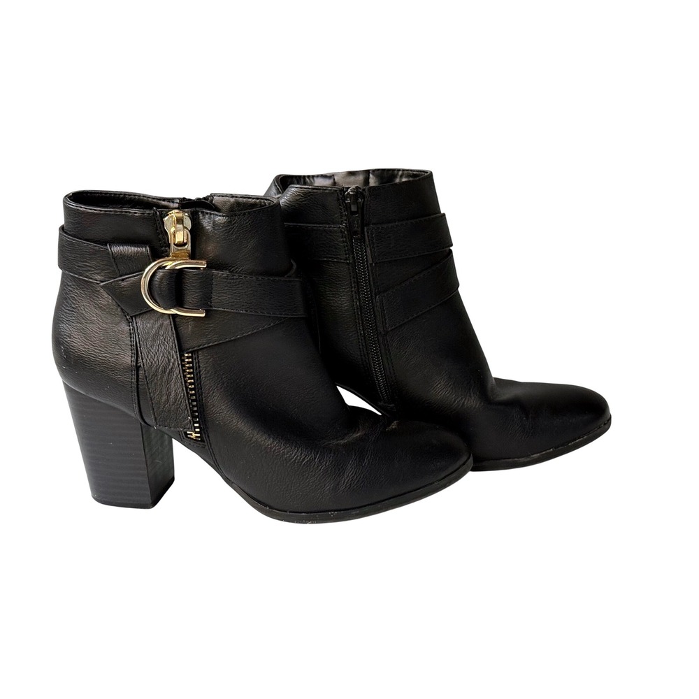 Apt 9 Womens Black Faux Leather Ankle Boots Gold Buckle Block Heel Booties